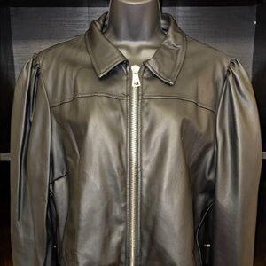 Bebe Jet Black Leather Puffed Sleeve Women's Jacket
